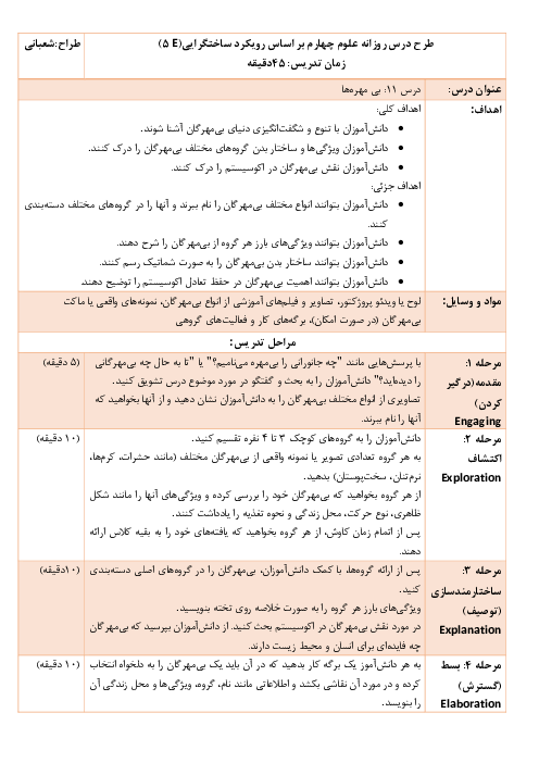 طرح درس روزانه علوم پایه چهارم دبستان بر اساس الگوی تدریس 5E ساختگرایی | درس 11: بی مهره ها