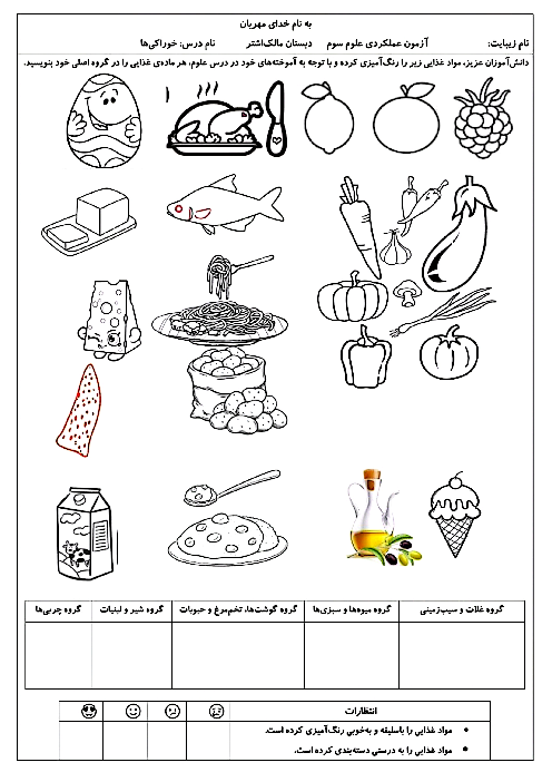 آزمون عملکردی گروه‌های مواد غذایی | علوم سوم دبستان مالک اشتر
