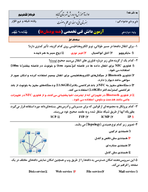 امتحان پودمان 1 تا 5 دانش فنی تخصصی پایه دوازدهم رشته شبکه و نرم افزار رایانه