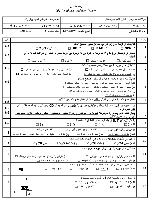 سوالات ماده درسی کنترل کننده‌های منطقی نوبت اول