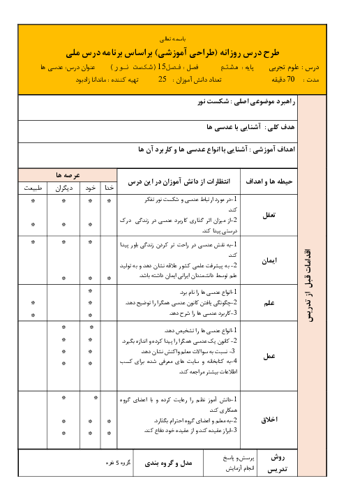 طرح درس ملی روزانه علوم تجربی پایه هشتم فصل 15: عدسی‌های همگرا و واگرا