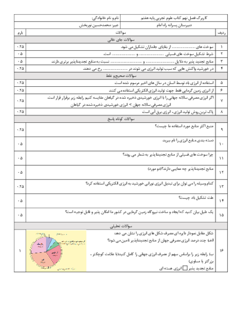 نمونه سوال علوم هفتم | فصل نهم: منابع انرژی
