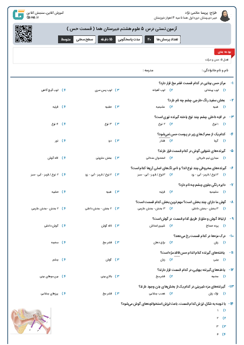 آزمون تستی درس 5 علوم هشتم دبیرستان هما ( قسمت حس )