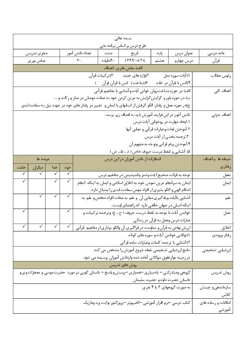 طرح درس روزانه  قرآن هشتم  | درس 4: سوره نمل، انس با قرآن کریم مدرسه سهروردی