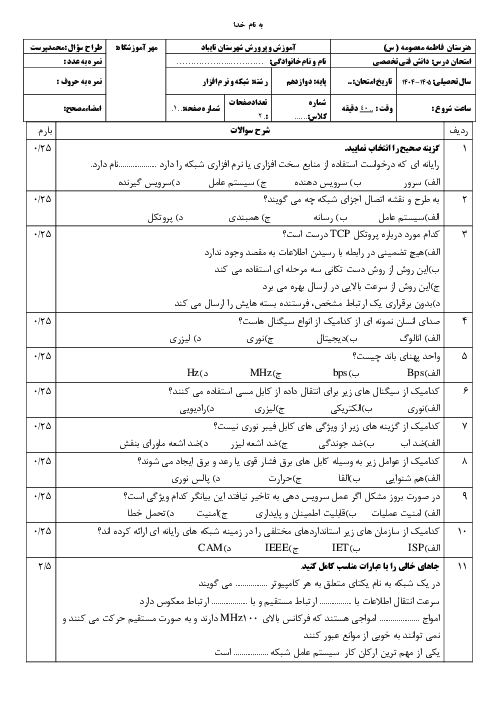 امتحان پودمان اول دانش فنی تخصصی پایه دوازدهم رشته شبکه و نرم افزار