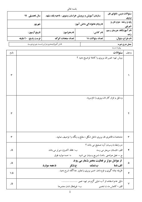 آزمون نوبت دوم نانوای نان حجیم و نیمه حجیم دهم هنرستان فنی شهید مهدی زاده | خرداد 1399