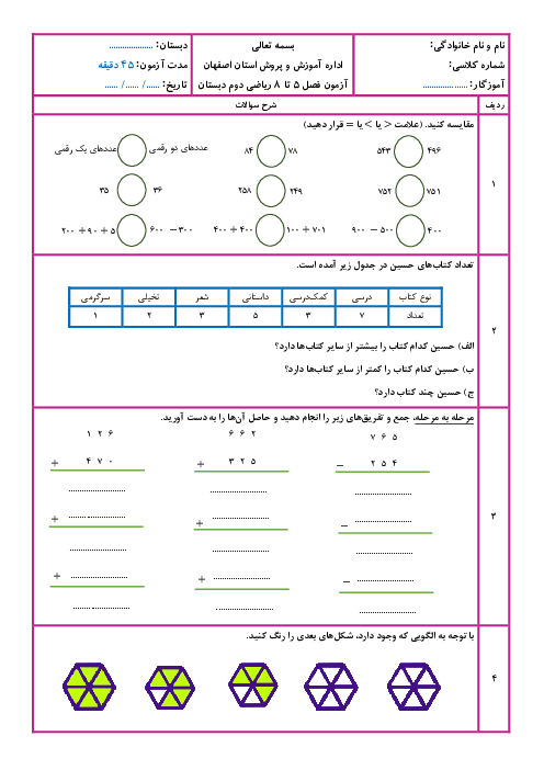 آزمون فصل 5، 6، 7 و 8 ریاضی دوم ابتدایی