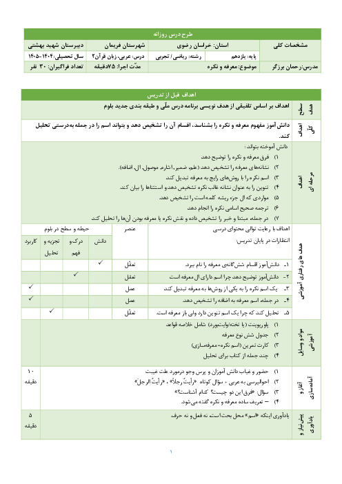 طرح درس روزانه معرفه و نکره