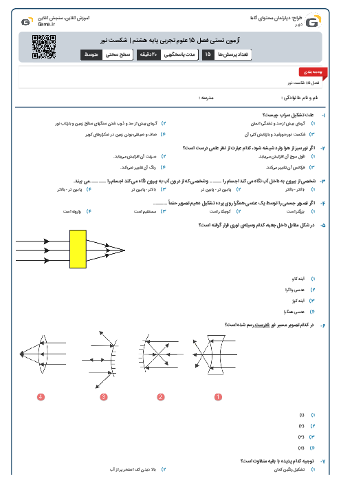 آزمون تستی فصل 15 علوم تجربی پایه هشتم | شکست نور