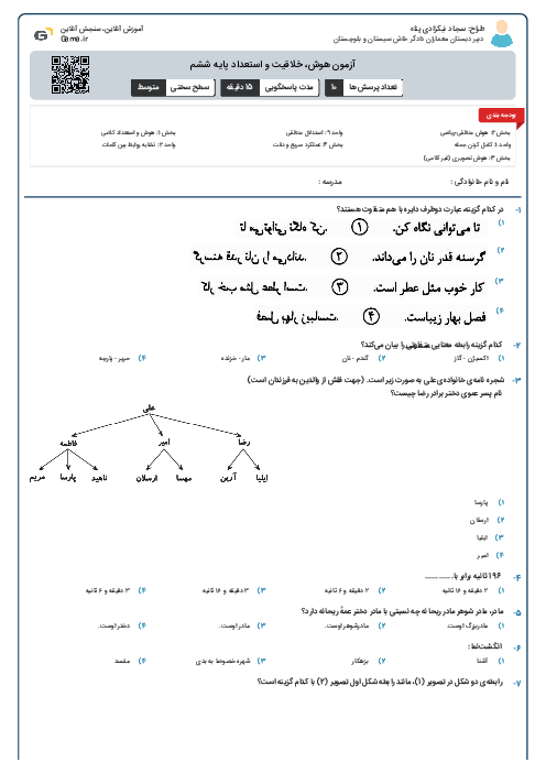 آزمون هوش، خلاقیت و استعداد پایه ششم