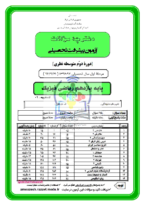 سوالات آزمون پیشرفت تحصیلی پایه یازدهم رشته ریاضی استان خراسان رضوی | مرحله اول (آذر 96) + پاسخ تشریحی