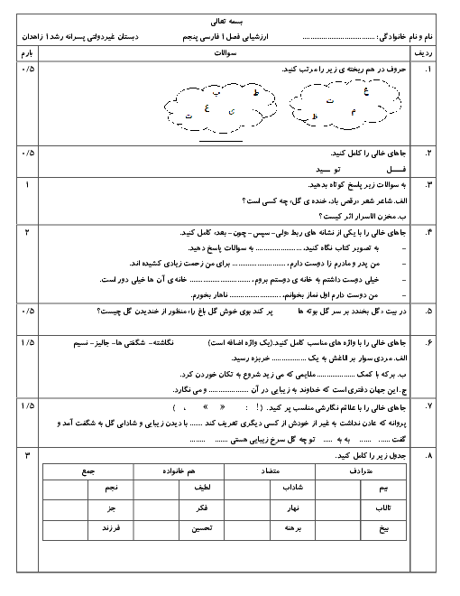 آزمون مداد کاغذی فارسی و نگارش پنجم دبستان رشد زاهدان | تا پایان درس 2