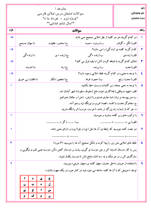آزمون نوبت دوم املاء فارسی ششم دبستان همراه پاسخنامه