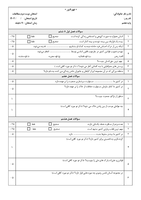 سوالات نوبت دوم خرداد 1404 مطالعات هفتم مدرسه قلم چی