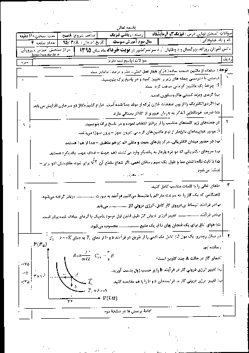 سوالات و پاسخ تشریحی امتحان نهایی درس فیزیک (3) و ازمایشگاه رشته ریاضی-فیزیک پایه سوم دبیرستان | خرداد 1395