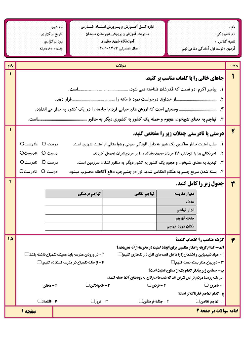 سه سری نمونه سوال امتحان نوبت اول آمادگی دفاعی مشترک کلیه رشته‌ها (درس 1 تا 6)