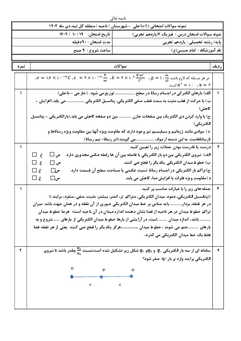 نمونه سوالات امتحانی فیزیک 2 یازدهم تجربی دیماه 1404