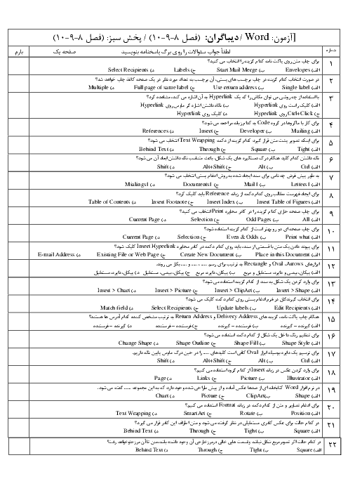 سوالات تستی رایانه کار مقدماتی دهم هنرستان فنی شعف (100 سوال تستی با کلید) | نرم افزار word
