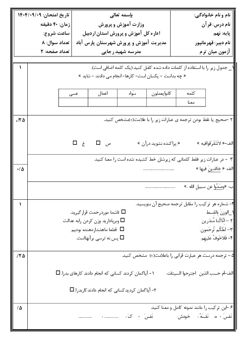 آزمون میان ترم درس 1 تا 5 قرآن نهم دبیرستان شهید رجایی