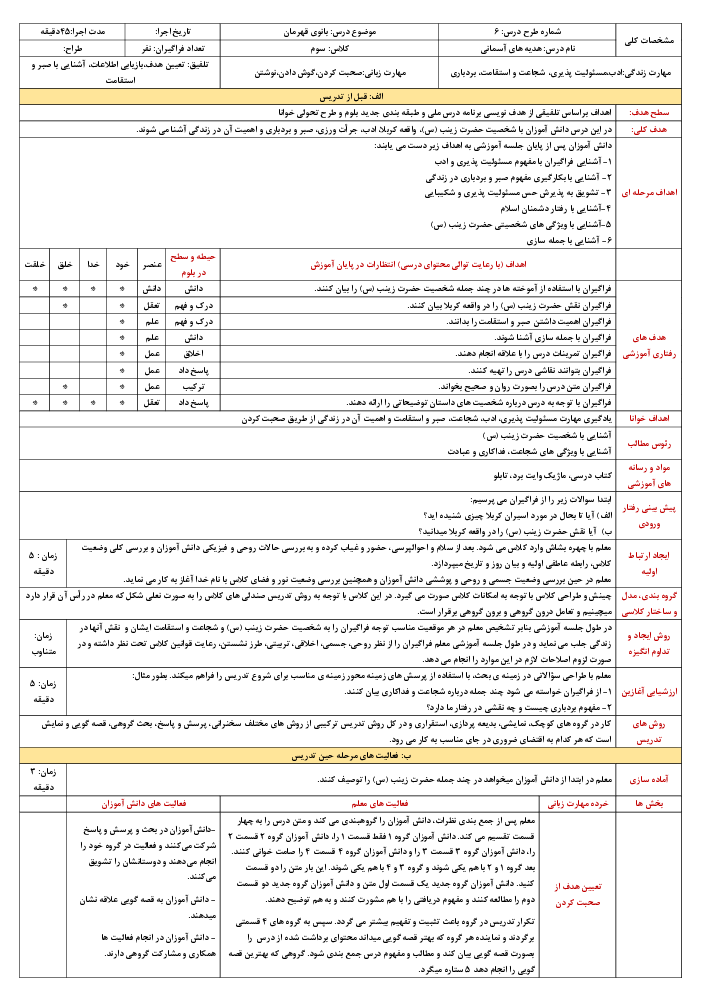 طرح درس روزانه هدیه‌های آسمانی سوم دبستان | درس 6: بانوی قهرمان