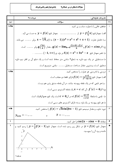 امتحان پیشنهادی نوبت دوم حسابان (2) دوازدهم دبیرستان حضرت فاطمه کرج | خرداد 1398 + پاسخ