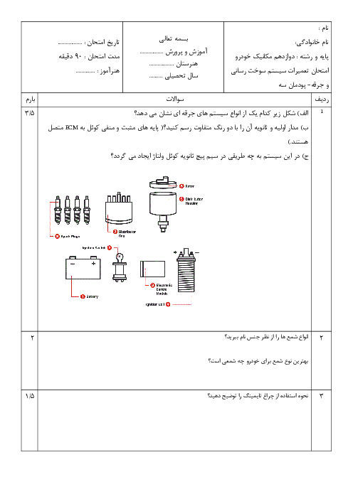 امتحان تعمیرات سیستم سوخت و جرقه دوازدهم مکانیک خودرو | پودمان 3: تنظیم کار موتور