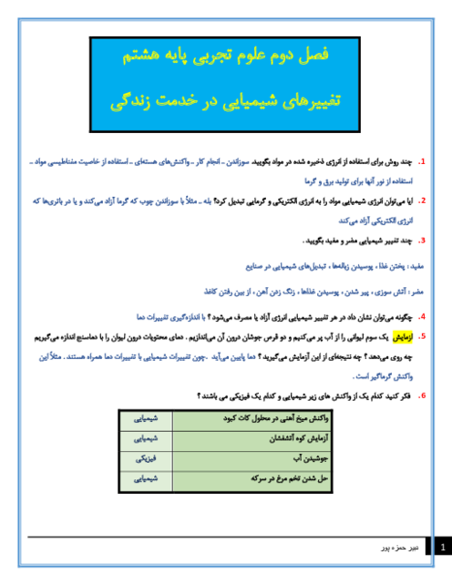 سوالات متن درس علوم تجربی هشتم با جواب | فصل دوم: تغییرهای شیمیایی در خدمت زندگی