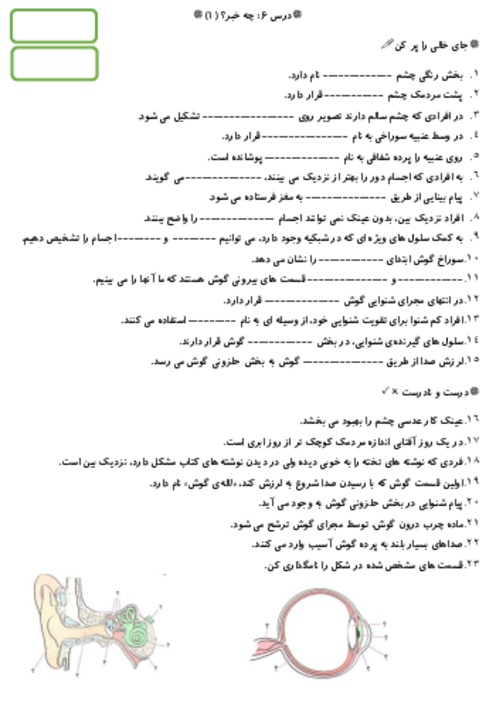 آزمونک درس 6 علوم پنجم: چه خبر 1 (بینایی و شنوایی)