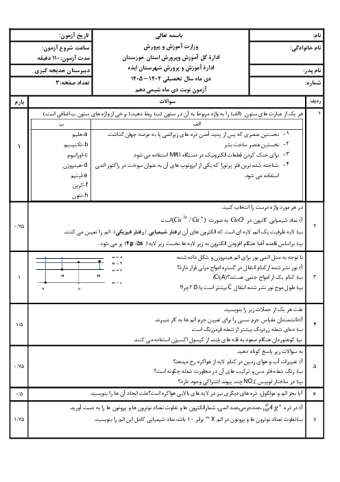 نمونه سوال شیمی دهم نوبت اول با جواب | دی 1404 دبیرستان خدیجه کبری
