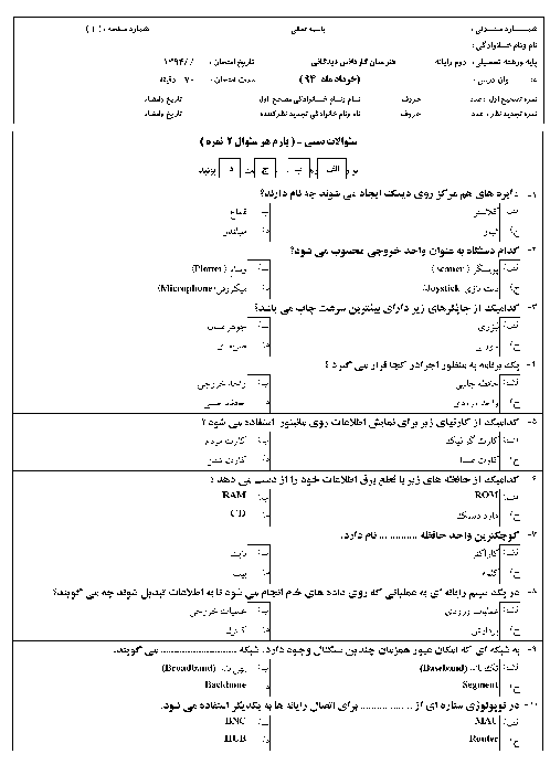 آزمون نوبت دوم رایانه کار مقدماتی دهم هنرستان کاردانش شهید دیدگانی | خرداد 1394