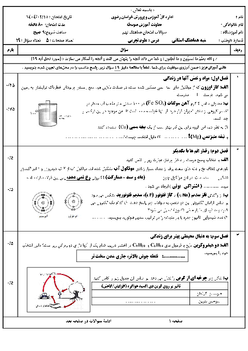 امتحان  شبه هماهنگ استانی درس علوم پایه نهم اردیبهشت 1404  خراسان رضوی