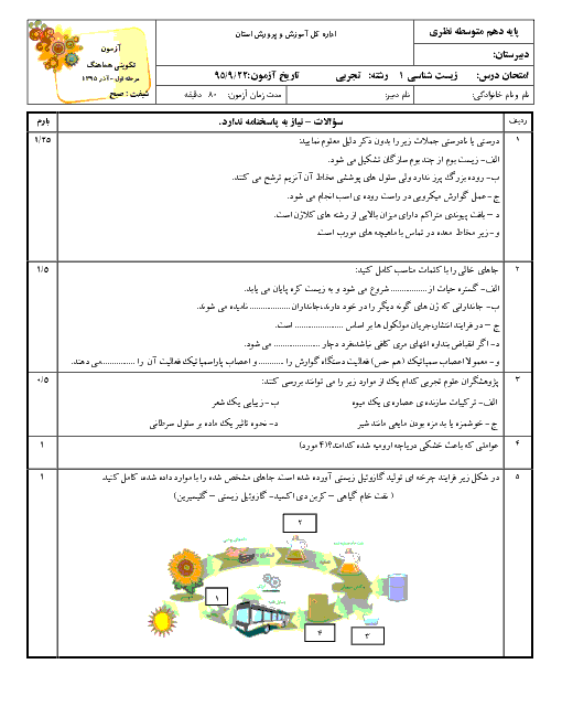  آزمون تکوینی هماهنگ زیست شناسی (1) دهم رشته تجربی استان کردستان | آذر ماه 95 (نوبت صبح)