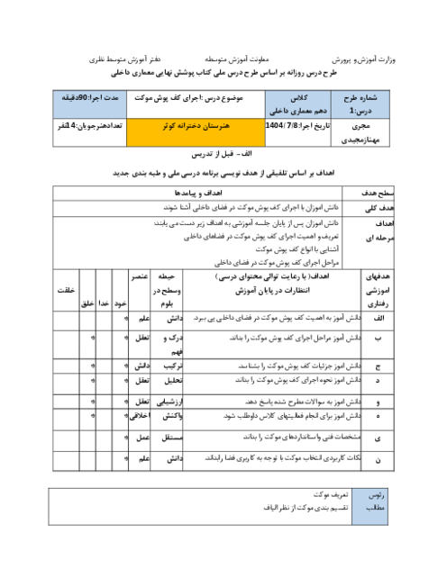 طرح درس روزانه اجرای کف پوش موکت | درس پوشش نهایی معماری داخلی کف