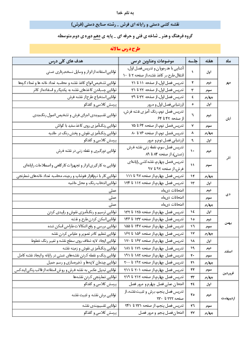 طرح درس سالانه نقشه کشی دستی و رایانه‌ای فرش دهم هنرستان | فصل 1 تا 5