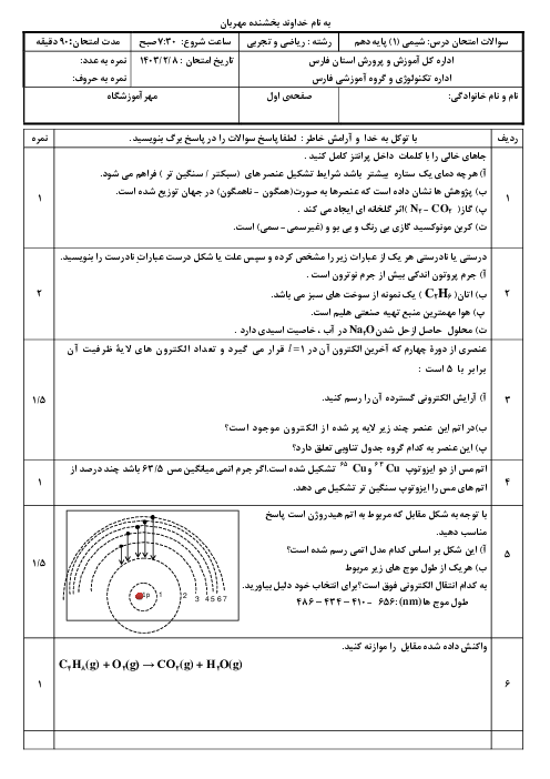 آزمون شبه نهایی اردیبهشت ماه 1403 شیمی دهم استان فارس (تا صفحه 103 کتاب درسی)