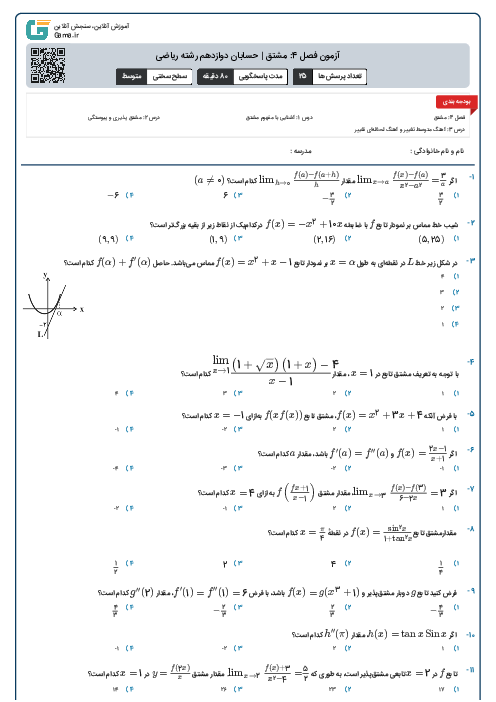 آزمون فصل 4: مشتق | حسابان دوازدهم رشته ریاضی