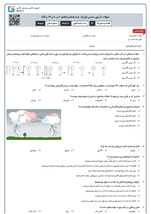 سوالات آزمون تستی فیزیک پایه هشتم (فصل 9 و 10 و 14 و 15)