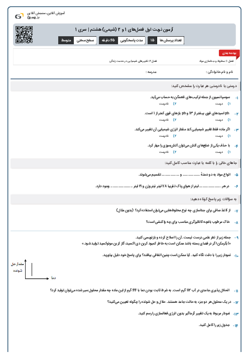 آزمون نوبت اول فصل‌های 1 و 2 (شیمی) هشتم | سری 1