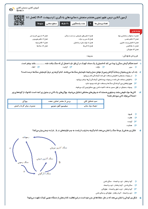 آزمون آنلاین درس علوم تجربی هشتم سنجش دستاوردهای یادگیری | اردیبهشت 1404 (فصل 1 تا 13)