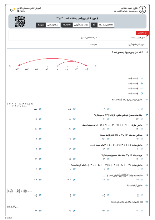 آزمون آنلاین ریاضی هفتم فصل 2 و 3