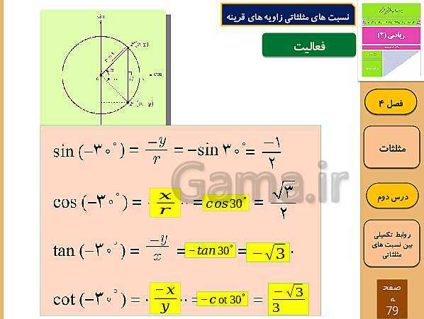 پاورپوینت تدریس و حل کار در کلاس و فعالیت های ریاضی (2) یازدهم رشته تجربی | فصل 4: مثلثات (درس 1 تا 3)- پیش نمایش