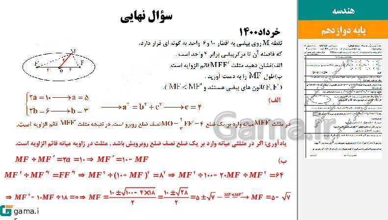 پاورپوینت حل فعالیت و کار در کلاس‌های فصل دوم هندسه (3) دوازدهم | درس 3: بیضی و سهمی- پیش نمایش