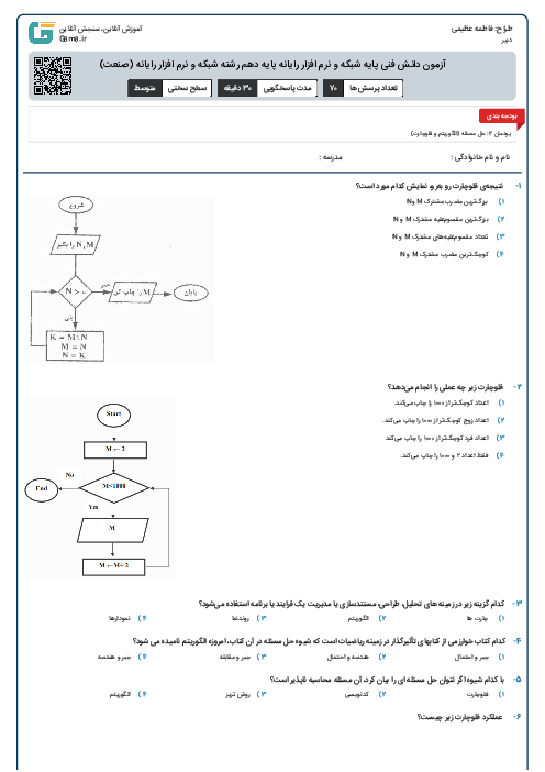 آزمون دانش فنی پایه شبکه و نرم افزار رایانه پایه دهم رشته شبکه و نرم افزار رایانه (صنعت)