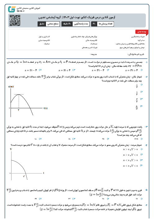 آزمون آنلاين درس فیزیک کنکور نوبت اول 1403 | گروه آزمايشی تجربی