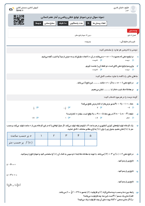 نمونه سوال درس نمودار توابع خطی ریاضی و آمار دهم انسانی