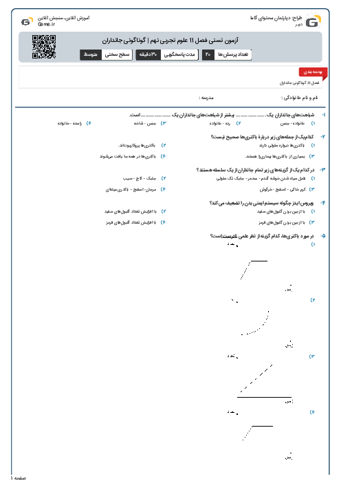 آزمون تستی فصل 11 علوم تجربی نهم | گوناگونی جانداران