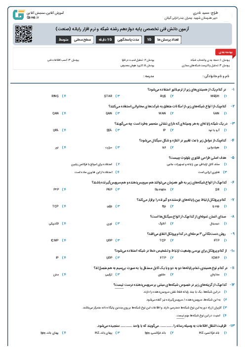 آزمون دانش فنی تخصصی پایه دوازدهم رشته شبکه و نرم افزار رایانه (صنعت)