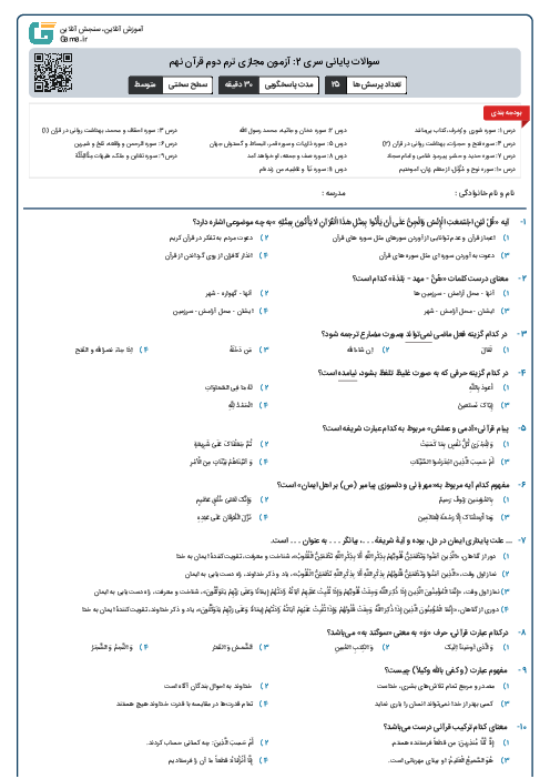 سوالات پایانی سری 2: آزمون مجازی ترم دوم قرآن نهم