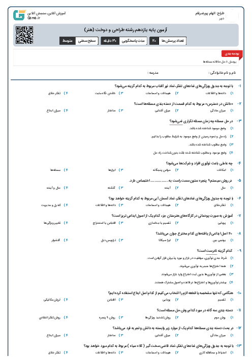 آزمون  پایه یازدهم رشته طراحی و دوخت (هنر)