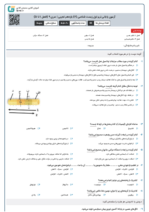 آزمون پایانی ترم اول زیست شناسی (2) یازدهم تجربی | سری 9 (فصل 1 تا 5)